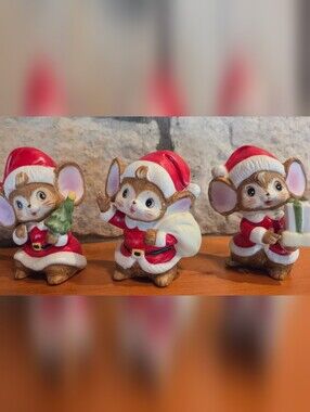 Vtg Christmas Santa Mice Mouse Figurines Set Of 3 Ceramic Figurines HOMCO #5405